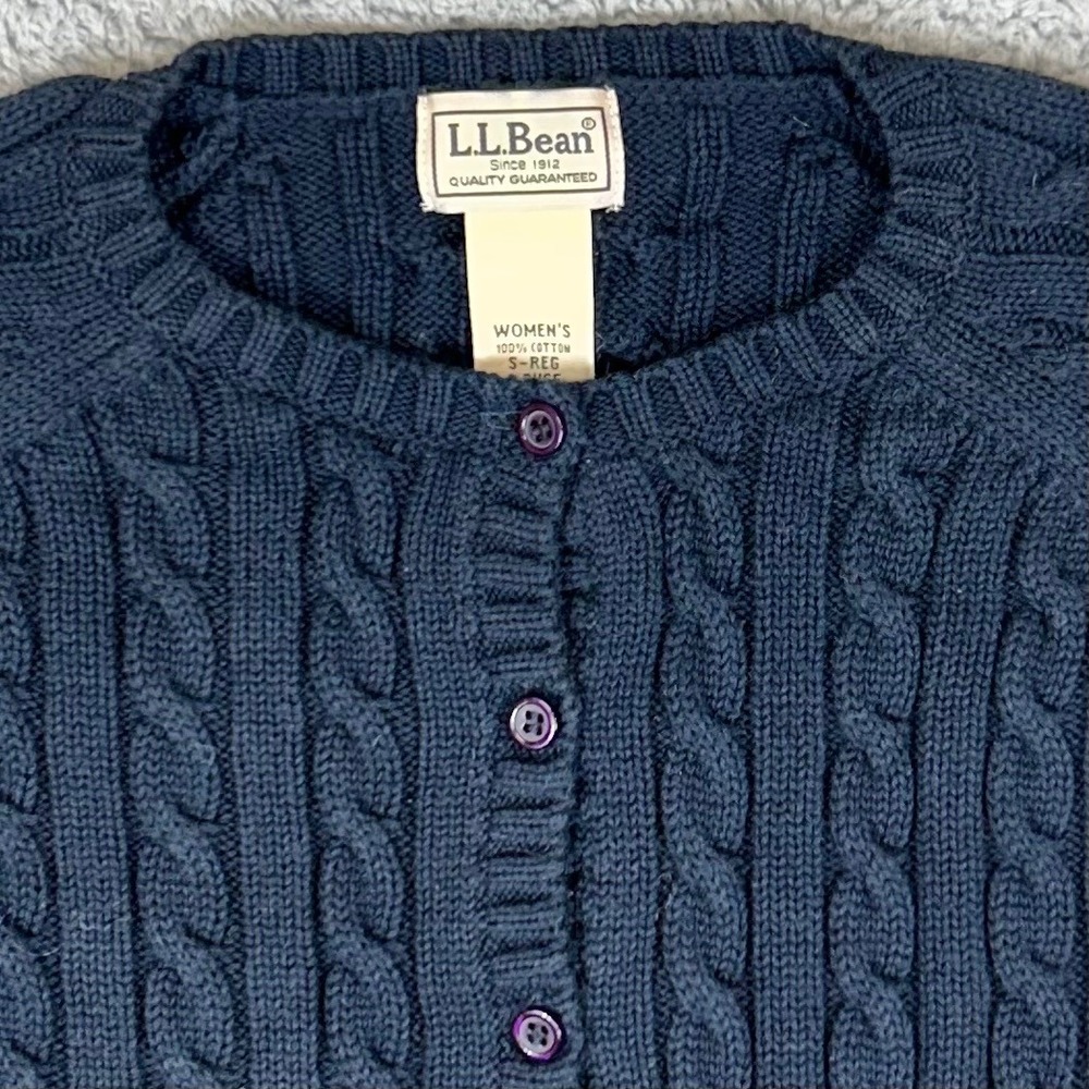 LL Bean Womens Navy Blue Cable Knit Cotton Cardigan Sweater Small S-REG 0BUG5